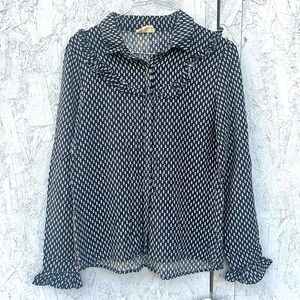Everly Hidden Button Up Shirt Navy Blue Blouse Long Sleeve Ruffle Detail Sz M